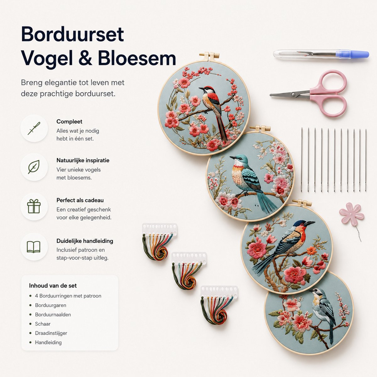 BOTC Borduurpakket - Borduurset van 4 - Borduurpakketten voor Volwassenen - Hobby en Creatief - Borduren- Chinese stijl vogelbloem — afbeelding 6