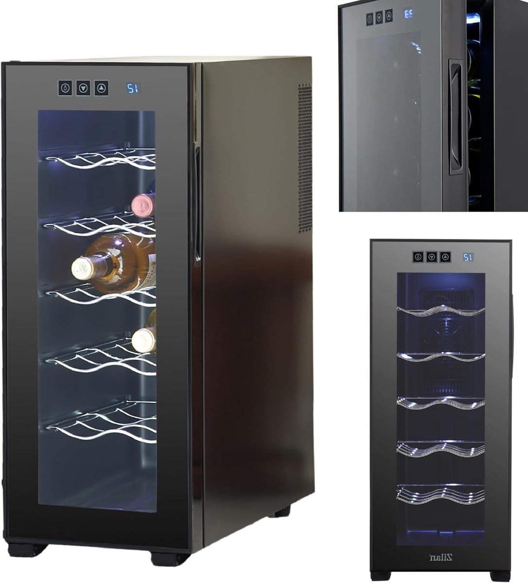 Wijnkoelkast - Drankkoeler Minibar - Wijn Bewaren - Stille Werking <27dB - 12 Flessen - Zwart