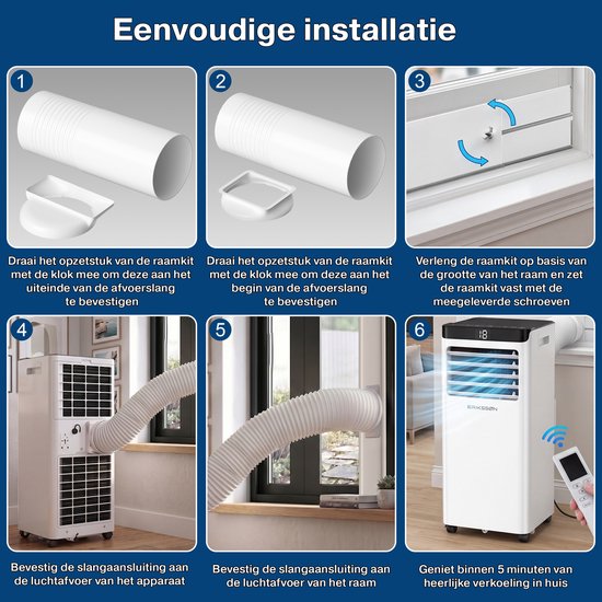 Installatiegids mobiele airco in 6 stappen: bevestigen opzetstuk, raamafdichting, uitschuifbare kit, aansluiten slang, plaatsen, genieten. Eenvoudige installatie.