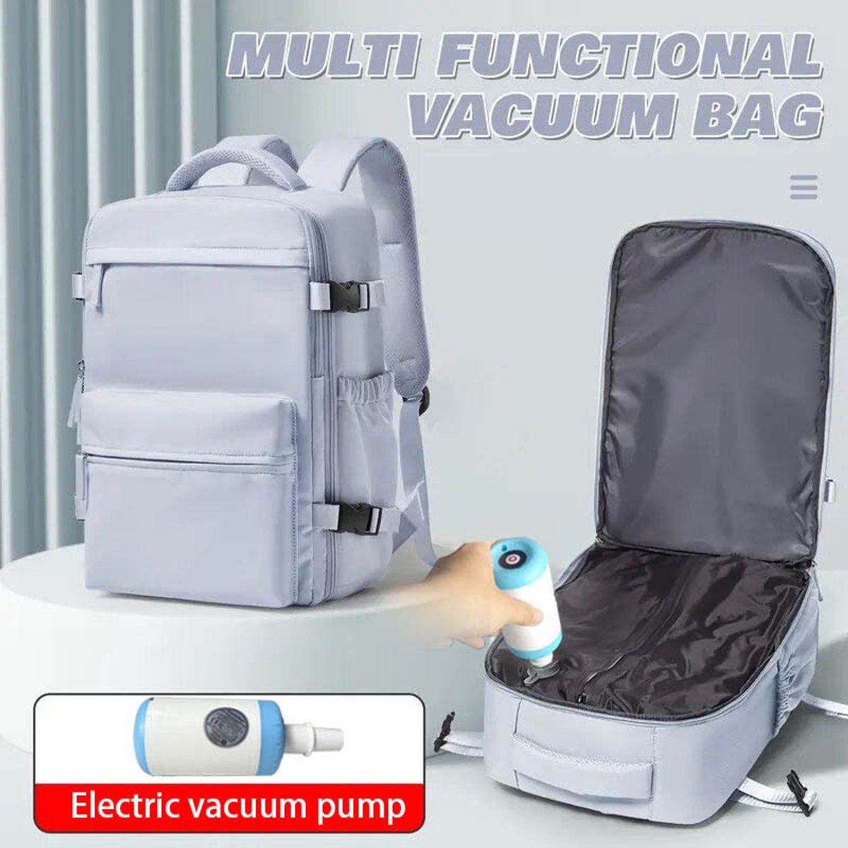 Vacuümrugzak - Vacuüm - Rugzak - Reistas - Inclusief Vacuümpompje - Handbagage - Grote Reisrugzak voor Dames en Heren - Vliegtuig - Koffer - Reisrugzak - Waterdichte Reistas - 46*30*21- lichtblauw - met elektrische pomp