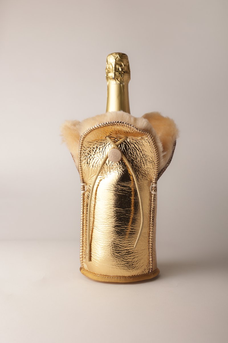 Kywie ® champagnekoeler van schapenvacht – wijnkoeler - 100% natuurlijk – 0,75l – temperatuurbehoudend - vlekbestendig - geschikt voor champagne, wijn, bourgogne, waterflessen - Goud sparkle