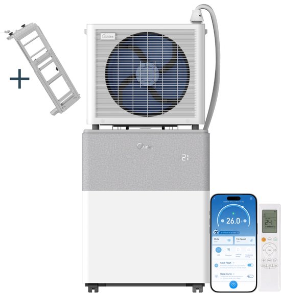 Mobiele split airco Midea PortaSplit 12.000 BTU koelen verwarmen wifi beugel Frans balkon 42m²