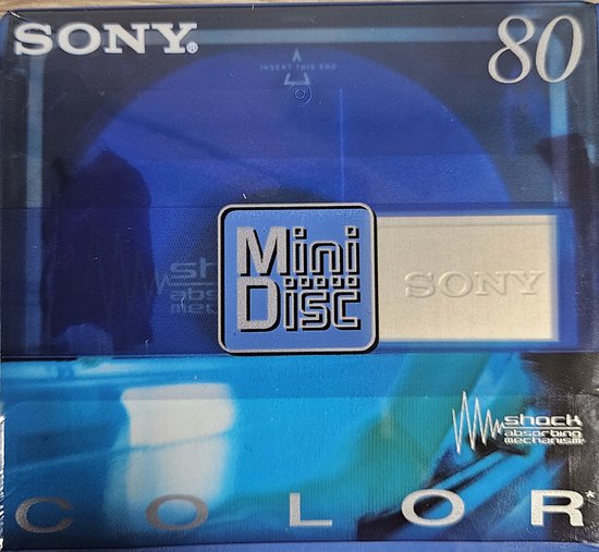 Sony MiniDisc 80 minuten, blauw met "Mini Disc" logo en "Shock Absorbing" tekst.