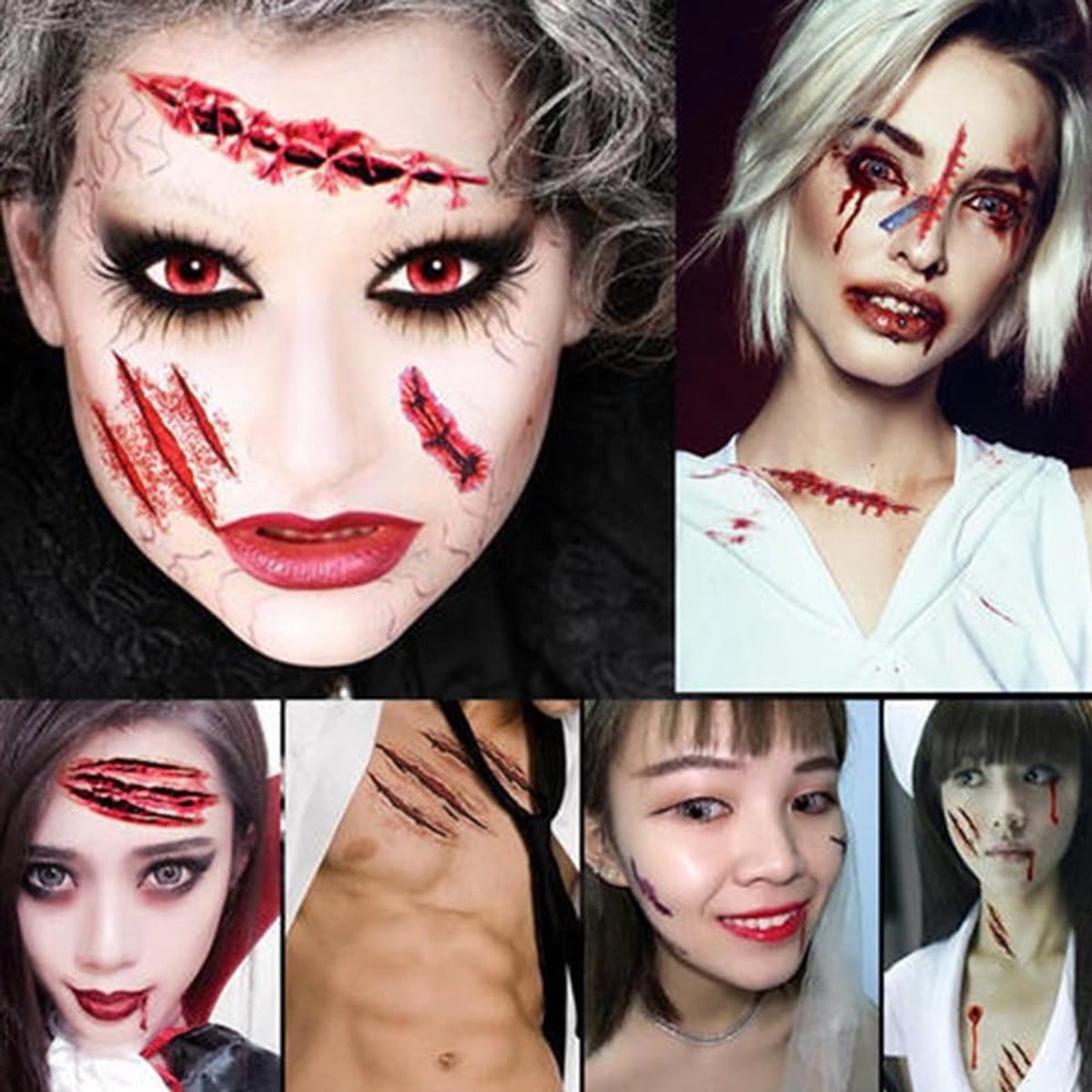 10 Halloween Tattoos voor Kostuums - Duivels, Zombies, Vampiers en Heksen - Creepy Gezichtstatoeages voor Volwassenen en Kinderen met Wonden en Nepbloed