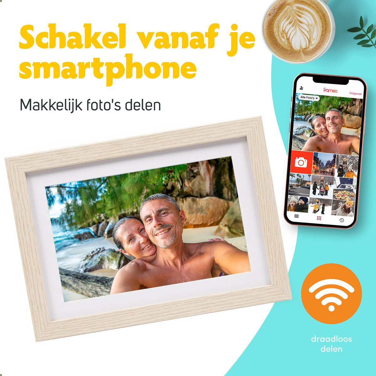 Pora&Co - Digitale fotolijst met WiFi en Frameo App – Fotokader - 10 inch – HD -IPS Display – Licht Bruin - Micro SD - Touchscreen thumbnail 6