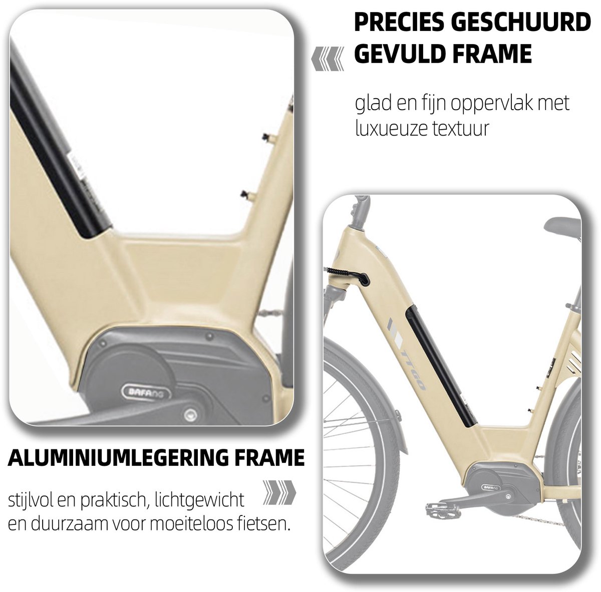 Elektrische Stadsfiets TTGO C7 SE - 28 INCH Banden - 250W Bafang Middenmotor - 36V18Ah Accu - Bereik tot 140km - Shimano 9 Versnellingen - Beige thumbnail 5