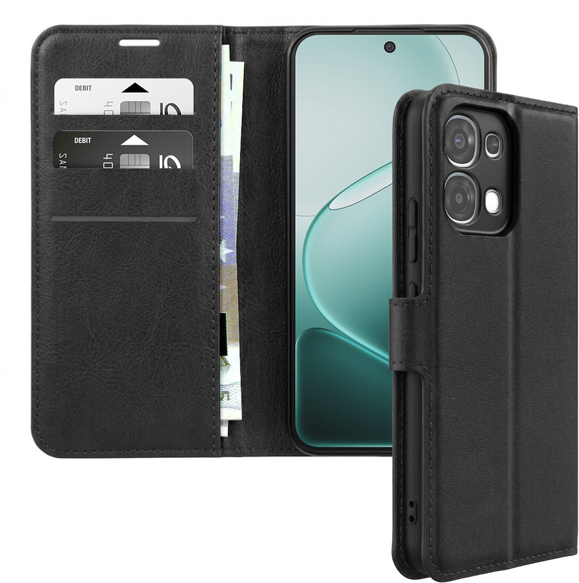 Avizar Etui Geschikt voor Oppo A6 Pro Stiksels Effect met Standaardfunctie, Zwart