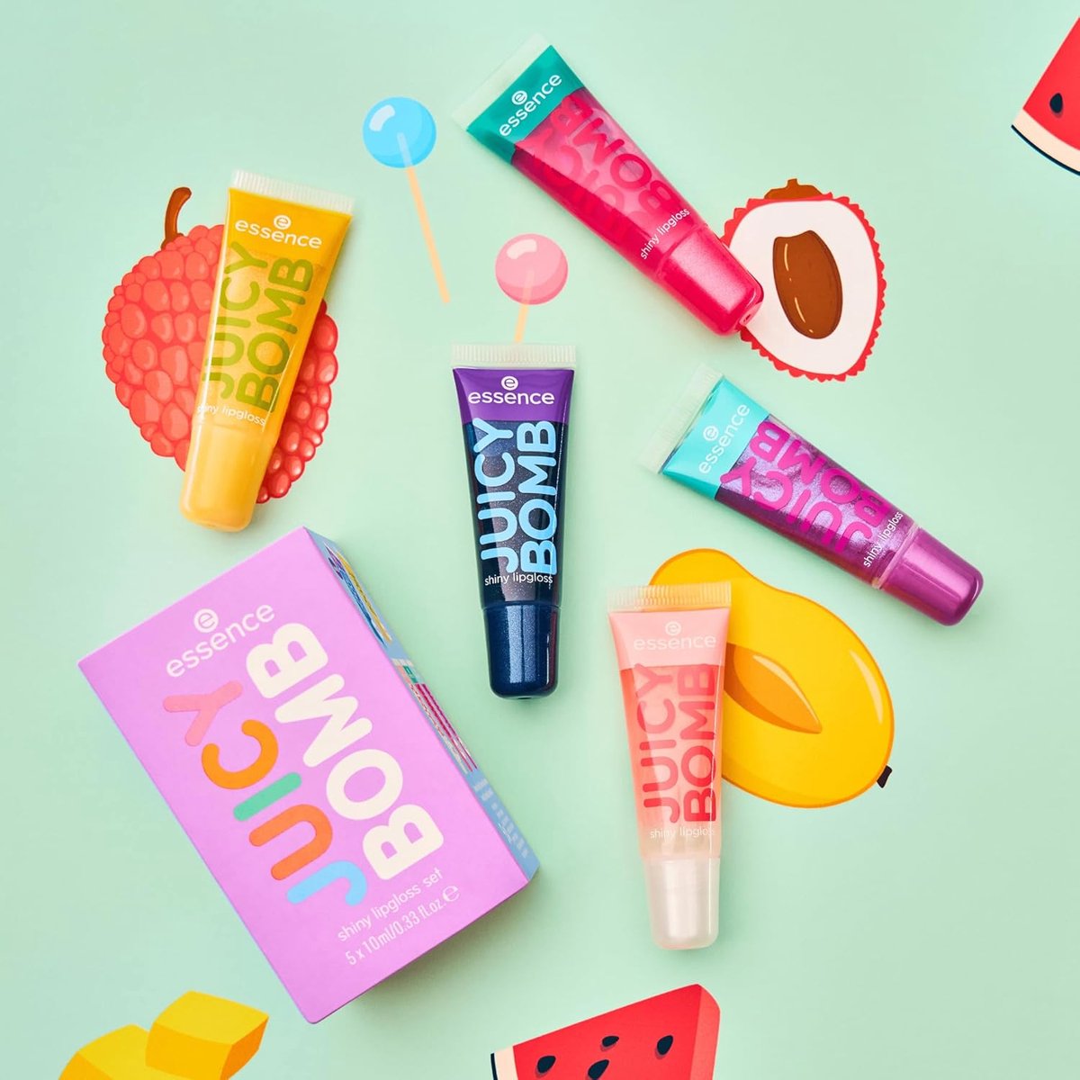 Essence Juicy Bomb Shiny Lip Gloss Set 02 – 5 Kleuren – 101 Lovely Litchi, 102 Witty Watermelon, 105 Bouncy Bubblegum, 106 Mellow Mango, 108 Very Blueberry – Elk 10 ml – Veganistisch — cadeau in Cadeau-ideeën - foto 4