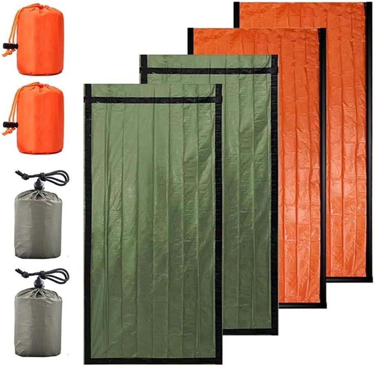 Survival Slaapzak Set - Nooddeken Thermisch - Buitenavontuur Voorbereiding - Lichtgewicht Waterdicht - 4 Stuks - Oranje Groen