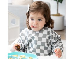 Bumkins Sleeved Bib - Waterdichte Mouwslab met Opvangbakje - Slab met Lange Mouwen - Knoeislab en Slabbetje voor Baby en Peuter - Kliederschort - Machinewasbaar - Baby Led Weaning BLW - Charcoal Check - Grijs Wit Geruit - 6-24 maanden