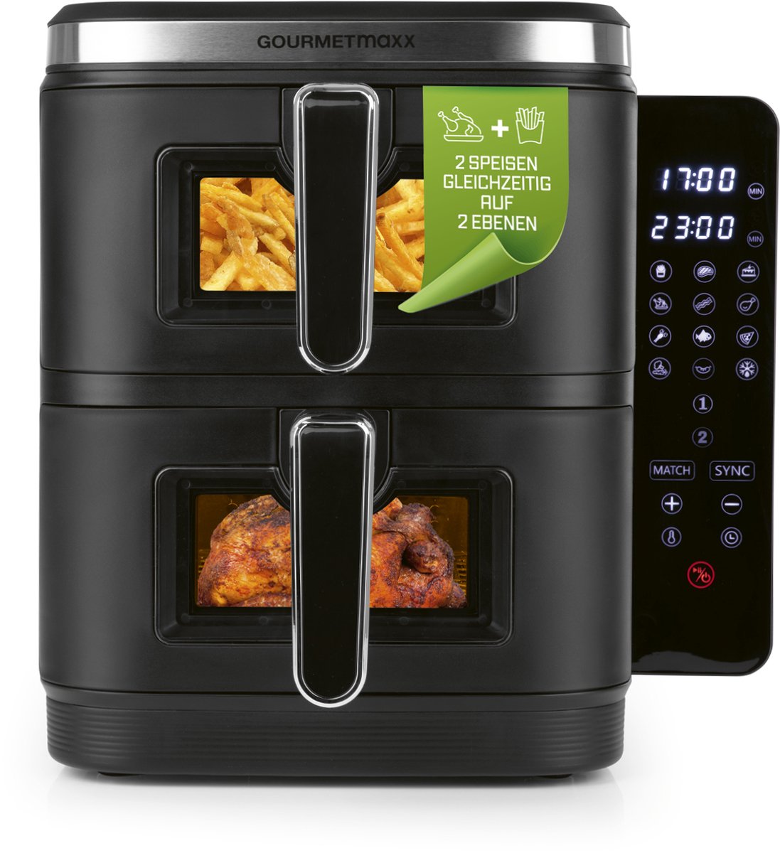 GOURMETmaxx FryUp Verticale dubbele kamer heteluchtfriteuse XXL | Airfryer met kijkvensters en opklapbaar touchdisplay | Heteluchtfriteuse 2 kamers - 10 l inhoud | Heteluchtfriteuse dubbele kamer 2 niveaus