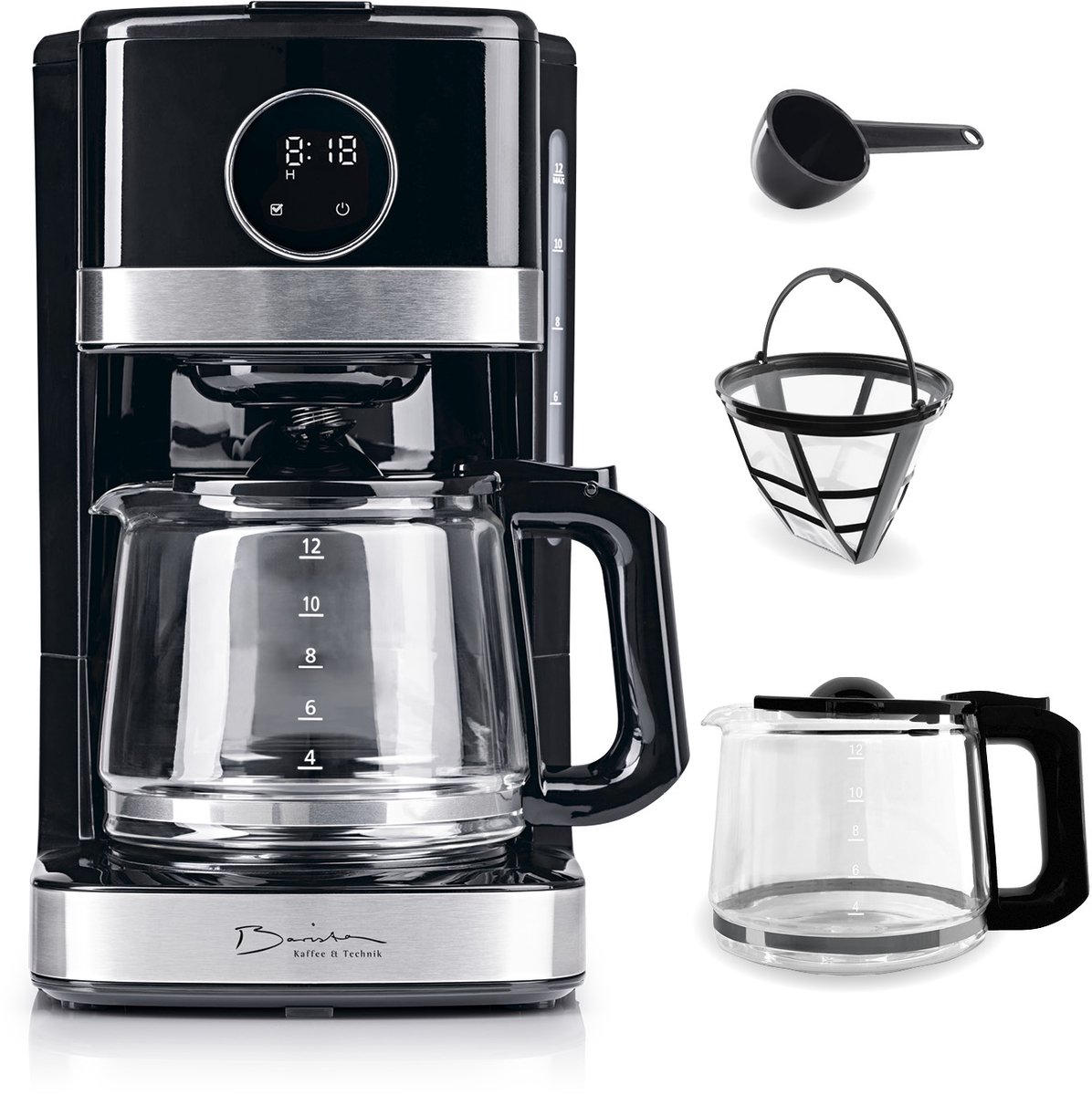 Barista Koffiemachine met Touchdisplay | Filterkoffiezetapparaat 900W met Glazen Kan – 1,5 liter Koffiekan | Filtermachine voor Gemalen Koffie – tot 12 Koppen Koffie