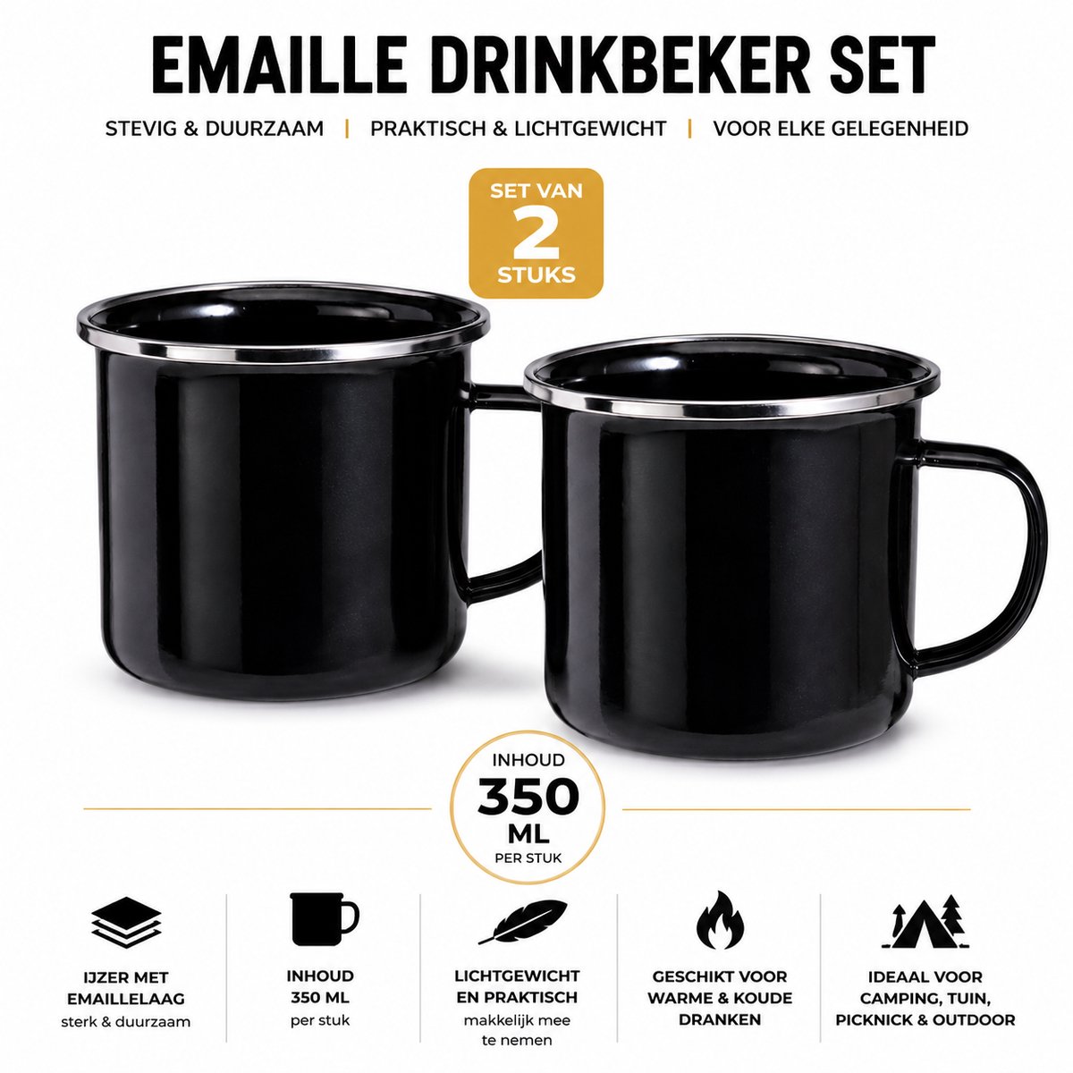 2x Emaille Drinkbeker Zwart – Camping Mok Set – 350 ml – IJzer met Emaillelaag – Outdoor Beker – Ø 7,5 cm