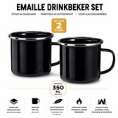 2x Emaille Drinkbeker Zwart – Camping Mok Set – 350 ml – IJzer met Emaillelaag – Outdoor Beker – Ø 7,5 cm