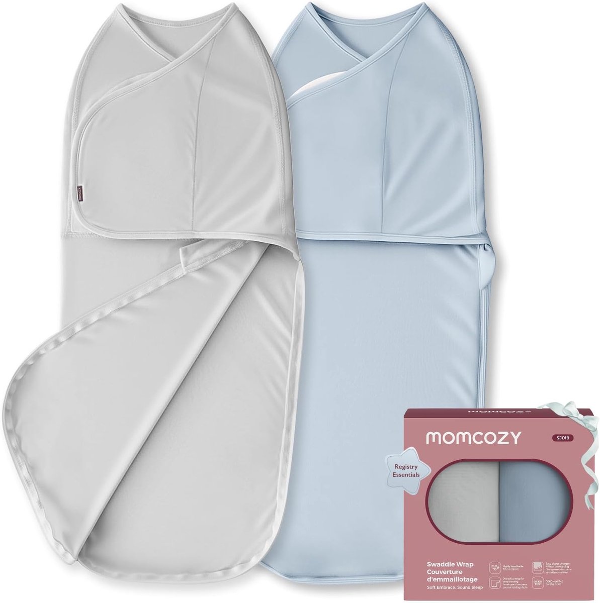 Inbakerdoek Baby - Wikkeldoek Pasgeboren - Rustige Slaap - Geruisloze Sluiting - Set van 2 - Lichtgrijs en Blauw