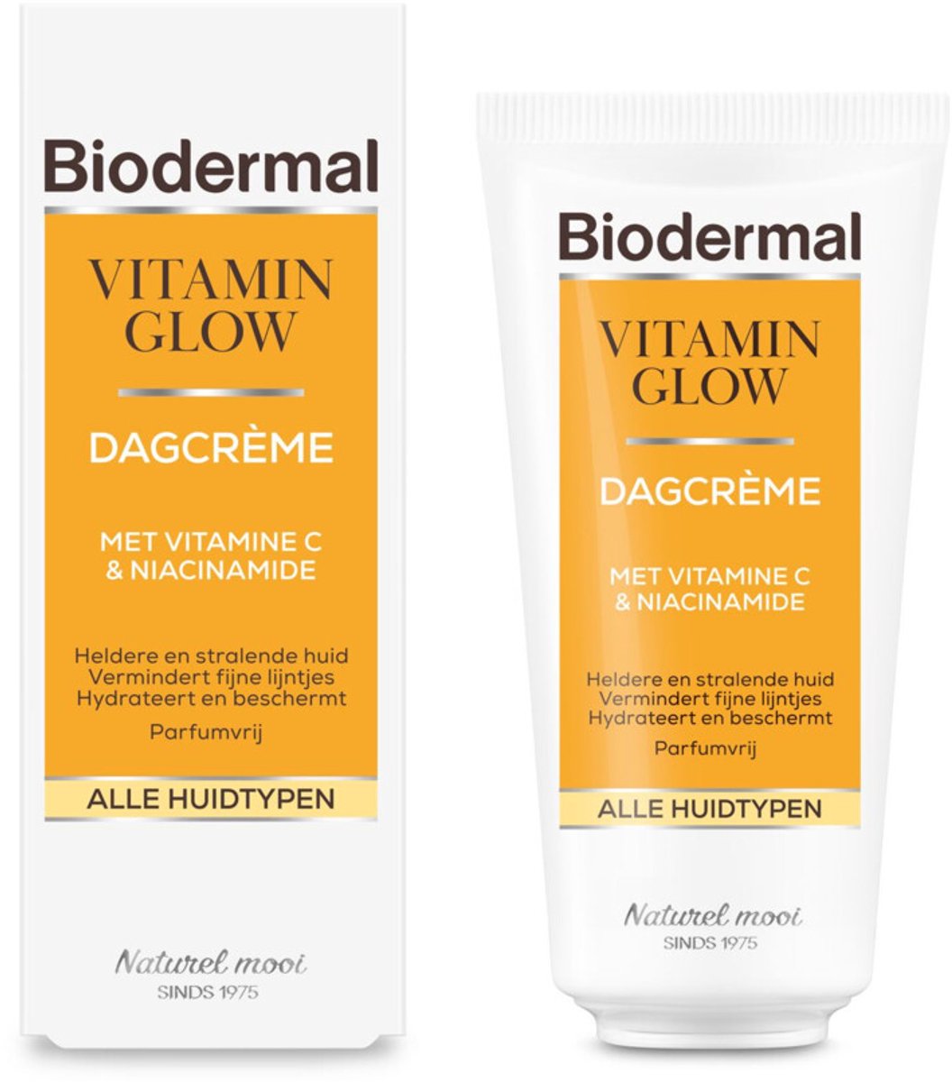 Biodermal Vitamin Glow Dagcrème, 50 ml - met Vitamine C en Niacinamide, Gezichtverzorging voor Heldere en Stralende huid, Vermindert fijne lijntjes, Hydrateert en beschermt, Parfumvrij, voor alle huidtypen