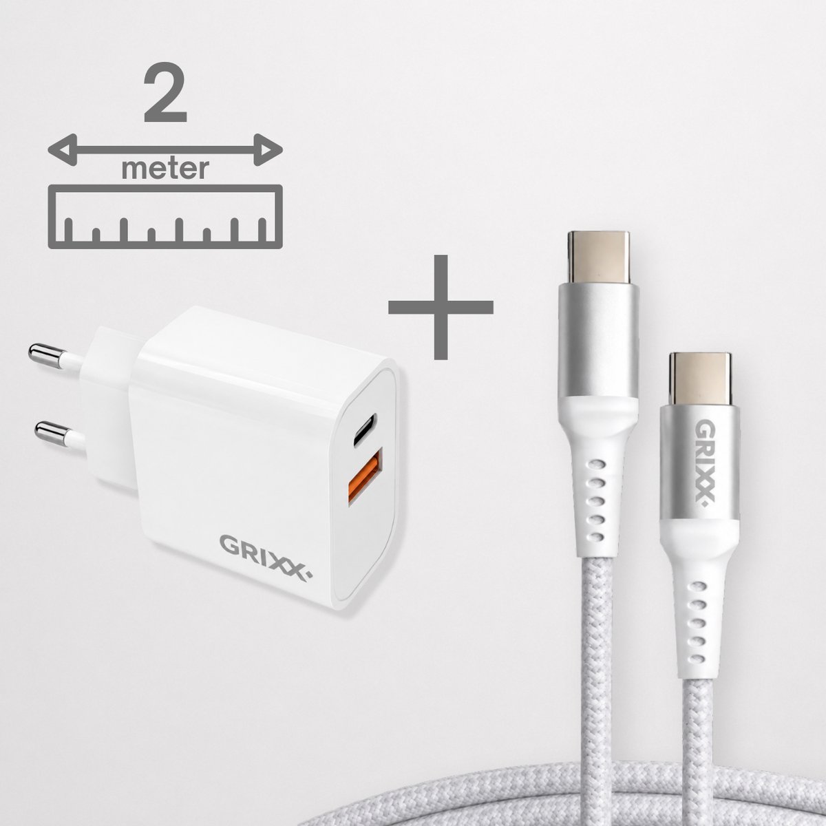 Grixx USB C adapter - oplader 20W met USB-C kabel 2 meter - snellader voor Samsung, Android en USB-C iPhone