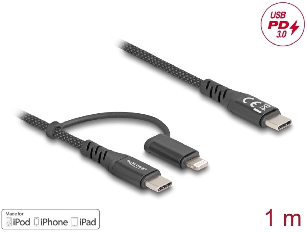 DeLock USB-C naar USB-C en Lightning Kabel 1m Zwart