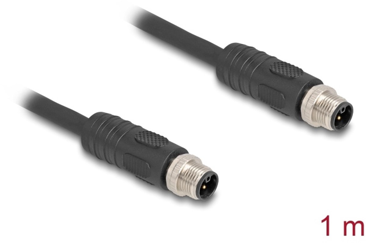 Delock M12 Cable L-coded 4 pin male to male PUR suitable for drag chains 1 m black