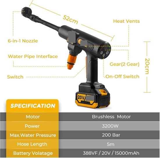 Hogedruk Reiniger - Waterpistool Tuin - Auto Wassen - Borstelloze Motor - 200 Bar - Zwart Geel — afbeelding 2