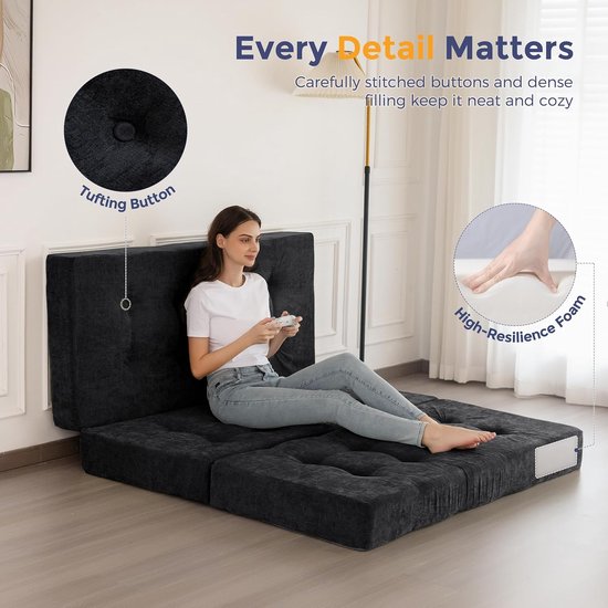 Opvouwbare Matras - Vouwmatras Futon - Logeren Kamperen - 15cm Dik Schuim - 190x90cm Enkel - Zwart — afbeelding 3