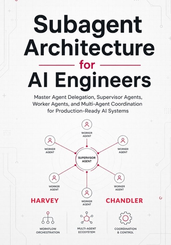 Couverture de livre avec texte : Architecture de sous-agents pour ingénieurs IA, avec diagramme d'agents superviseurs et ouvriers.