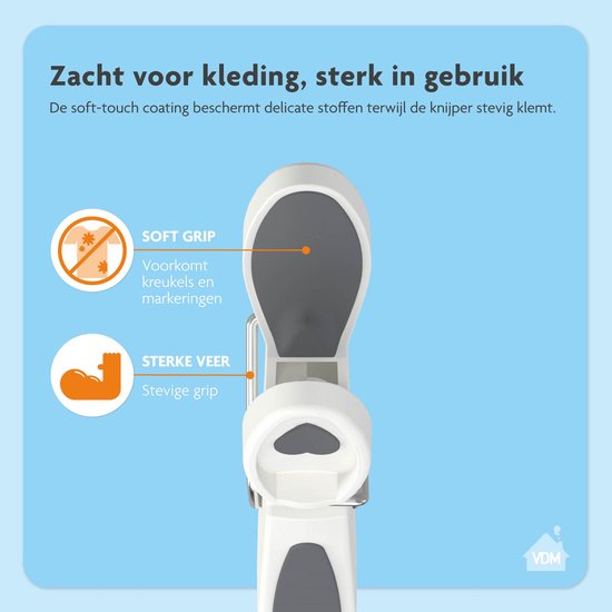 Witte wasknijper met grijze softgrip en sterke veer. Zacht voor kleding, sterk in gebruik.