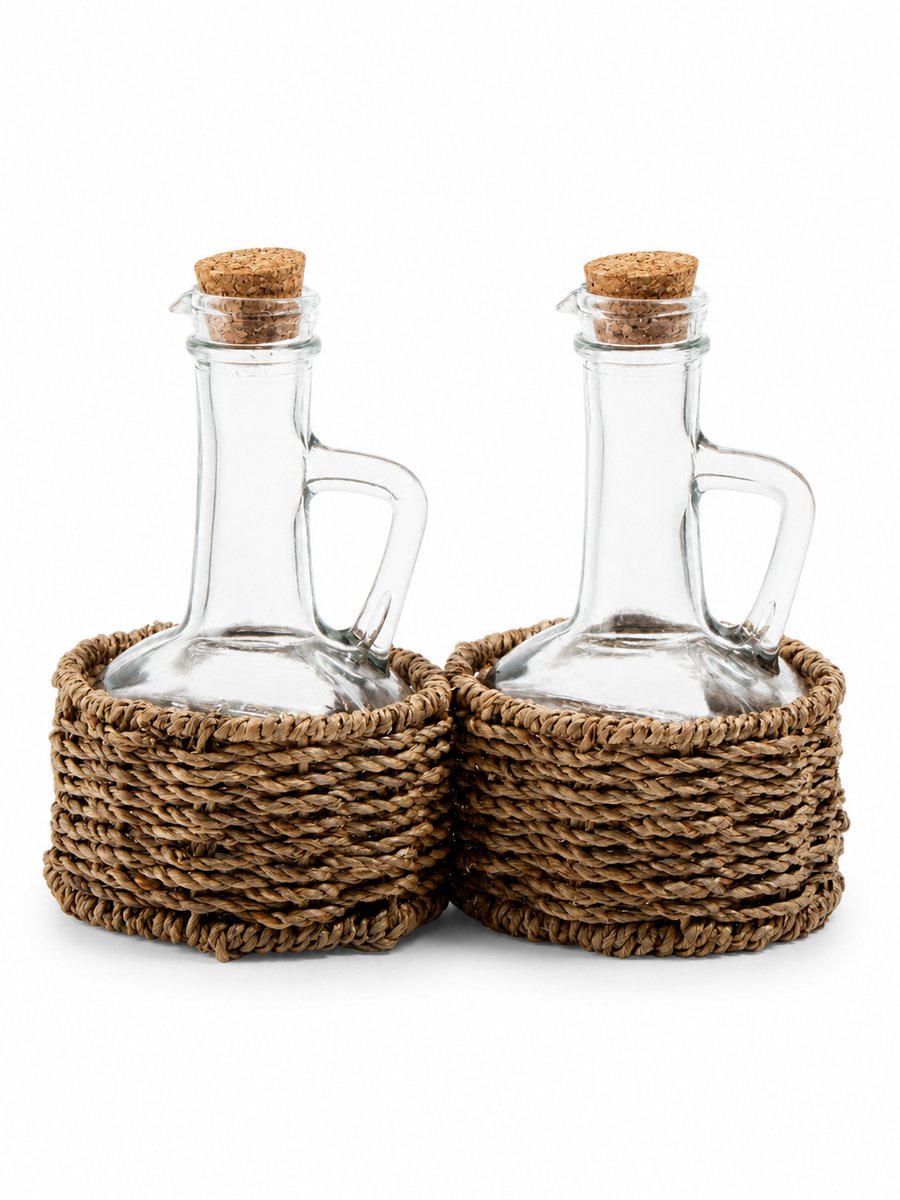 Glozini Olie- en Azijn Set met Gevlochten Houder - Glas/Kurk