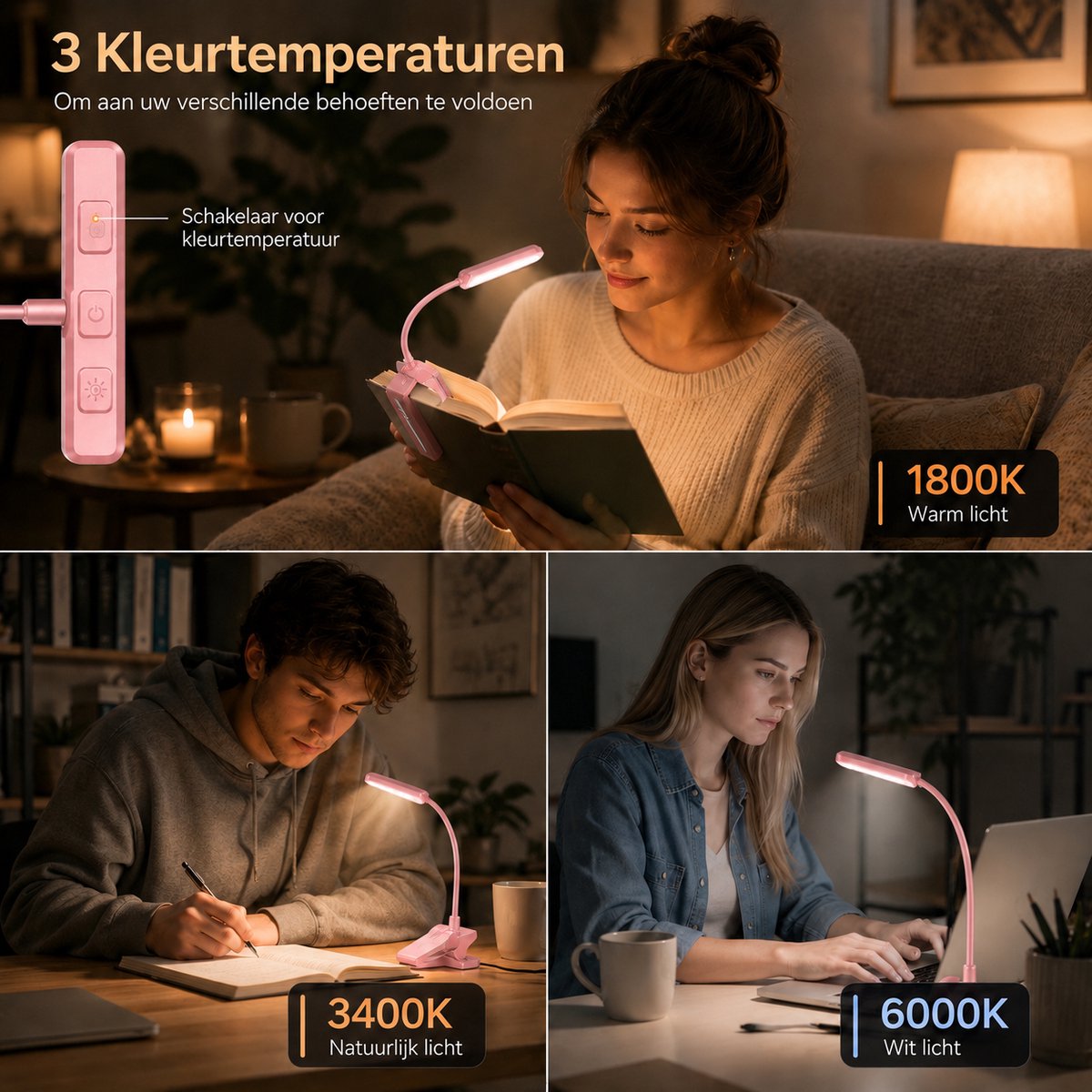 Sounix LED Leeslampje voor Boek met Klem - 315° draaibaar Leeslamp - 24 LED - Boeklampje met 3 Lichtstanden - Oplaadbare boeklamp USB - Dimbaar - Roze — cadeau in Gadgets - foto 5