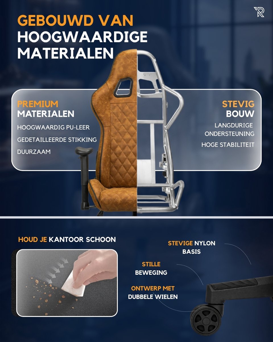 Ranqer Felix Bureaustoel Gamingstoel Bruin/Tan - afbeelding 2