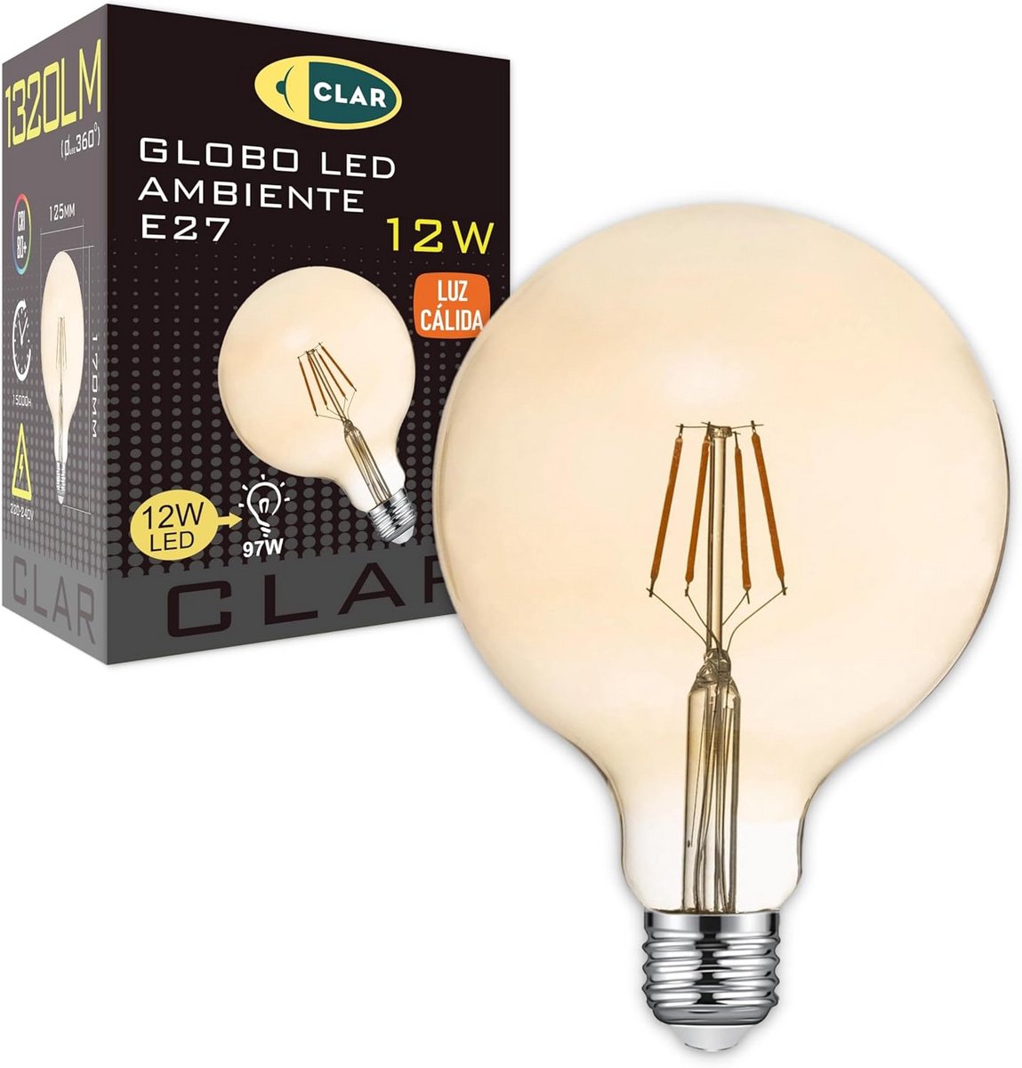 Vintage Globe LED Lamp E27 Grote Bol Warm Wit Licht 12W