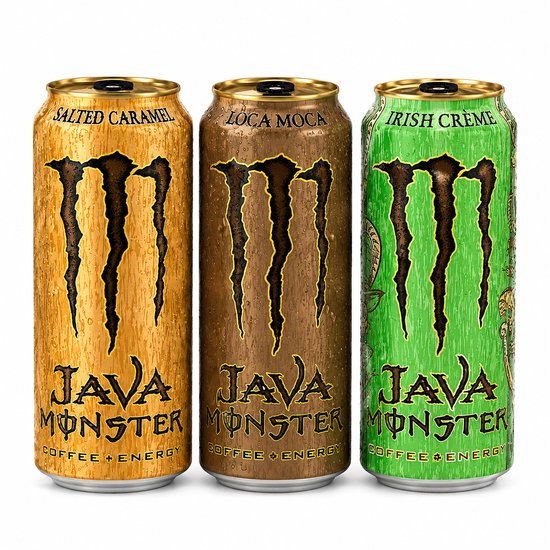 Drie blikjes Java Monster: Salted Caramel, Loca Moca en Irish Crème, met de Monster Energy klauw erop.