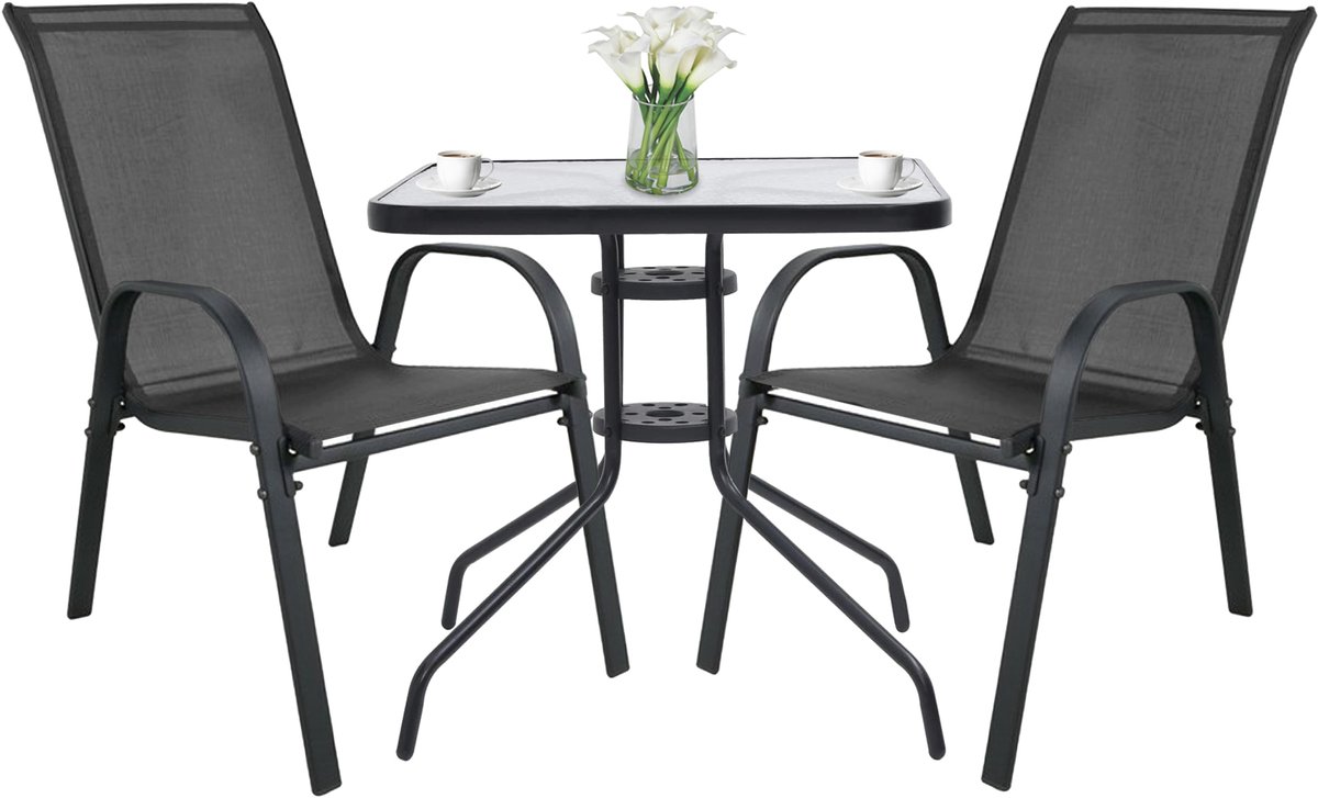 Tuinset ISLAND vierkante tafel 60 cm + 2x SOFIA stoelen – donkergrijs – compact balkonset
