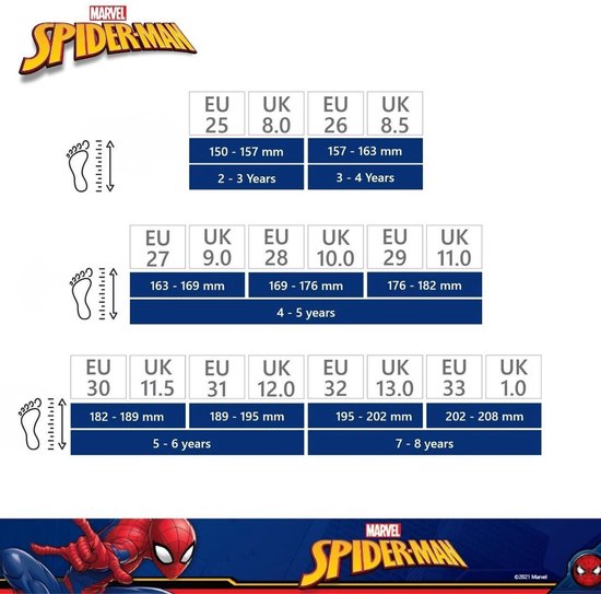 Maattabel voor kinderschoenen met Spiderman afbeeldingen en maten.