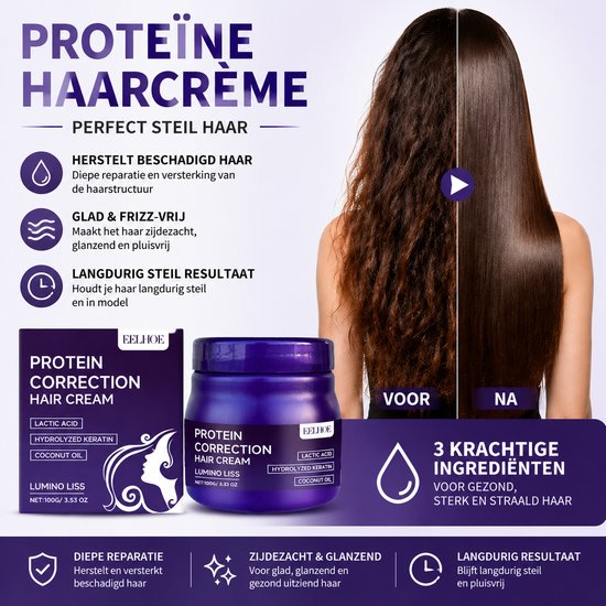 Voor en na-foto van haar. De ene kant toont kroeshaar, de andere kant toont steil, glanzend haar. EELHOE PROTEIN CORRECTION HAIR CREAM pot staat ernaast.