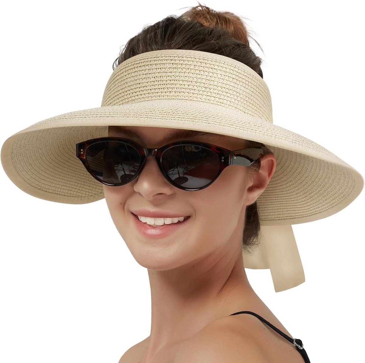 Zonnevizier Dames - Strandhoed - Zonbescherming - UV Bescherming - Brede Rand - Stro