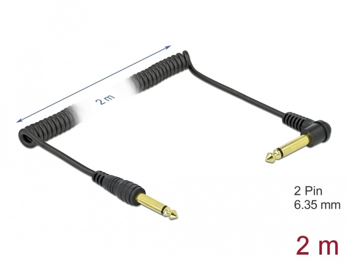 Delock Coiled Cable 6.35 mm 2 pin Mono Jack male to Mono Jack male angled 2 m black