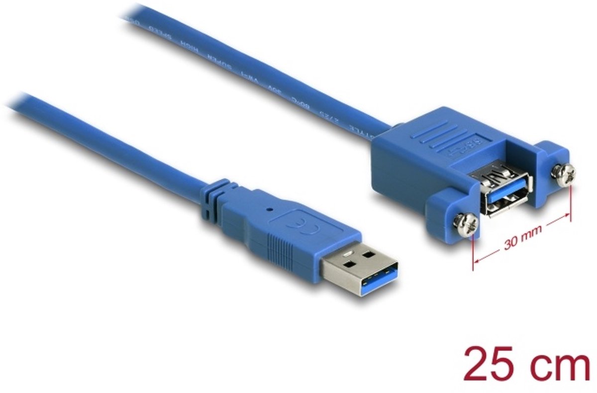USB Kabel USB 3.0 Type-A mannelijk> USB 3.0 Type-A vrouwelijke paneel-mount 25 cm
