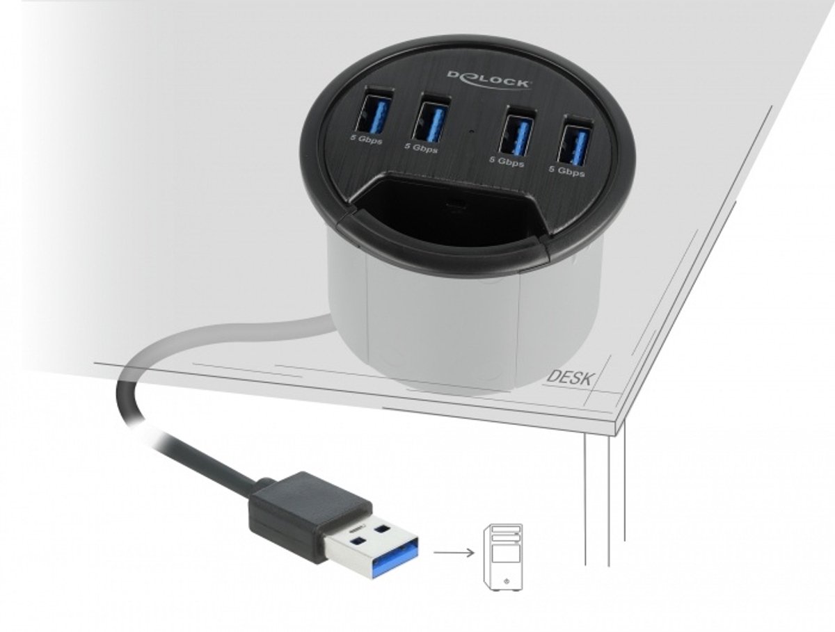 4 poort in desk hub met 4 x Superspeed USB Type-A-poort