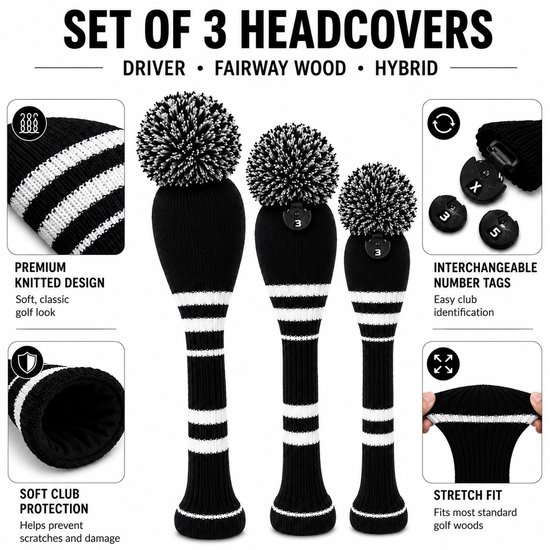 Golf Club Headcover Zwart-Wit Streep- Knitted Wool - Golfclub Covers - Headcovers- Golf Spullen van GOLF — afbeelding 4