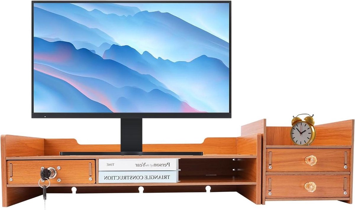 Monitorstandaard Hout met Laden - 2 Niveaus voor Comfortabele Werkplek