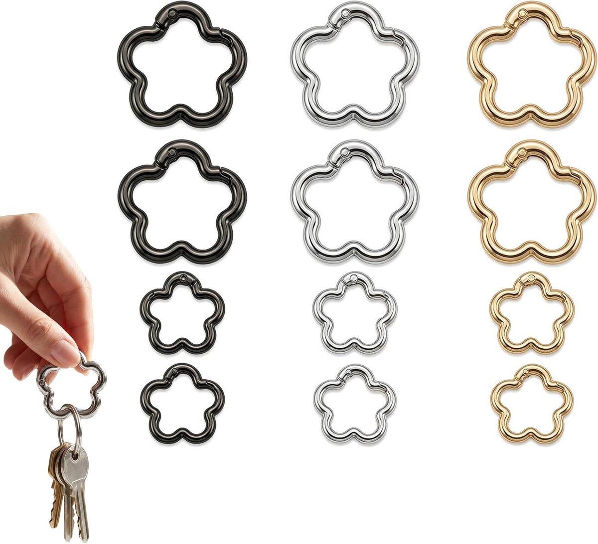 Bloemenvormige karabiners - Bloem haken - Sleutels organiseren - Uniek bloem design - Set van 12 - Goud zilver zwart