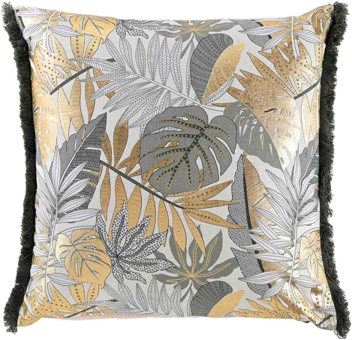 Cushion Groen Gouden Bladeren Katoen 50 x 50 cm met Rits en Vulling - Moderne Bankkussen met Franje en Decoratieve Accenten