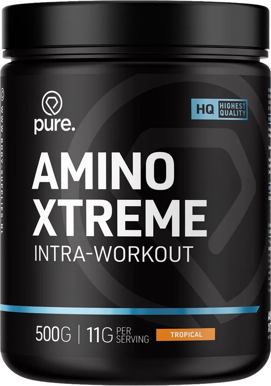 Zwarte pot met 'AMINO XTREME INTRA-WORKOUT' in witte letters. 500g, 11g per serving. Tropical smaak.