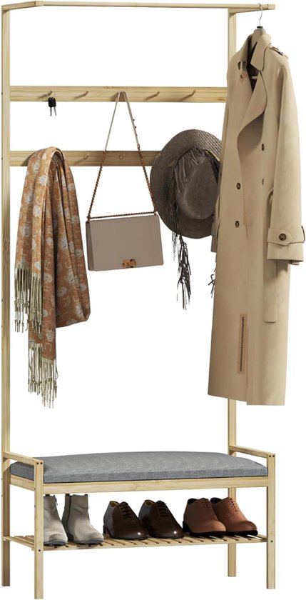 Florixa® Kapstok Met Schoenenrek - Halmeubel Met kapstok - Kapstok Met Bankje - Lichtbruin- 74cm x 34cm x 171cm