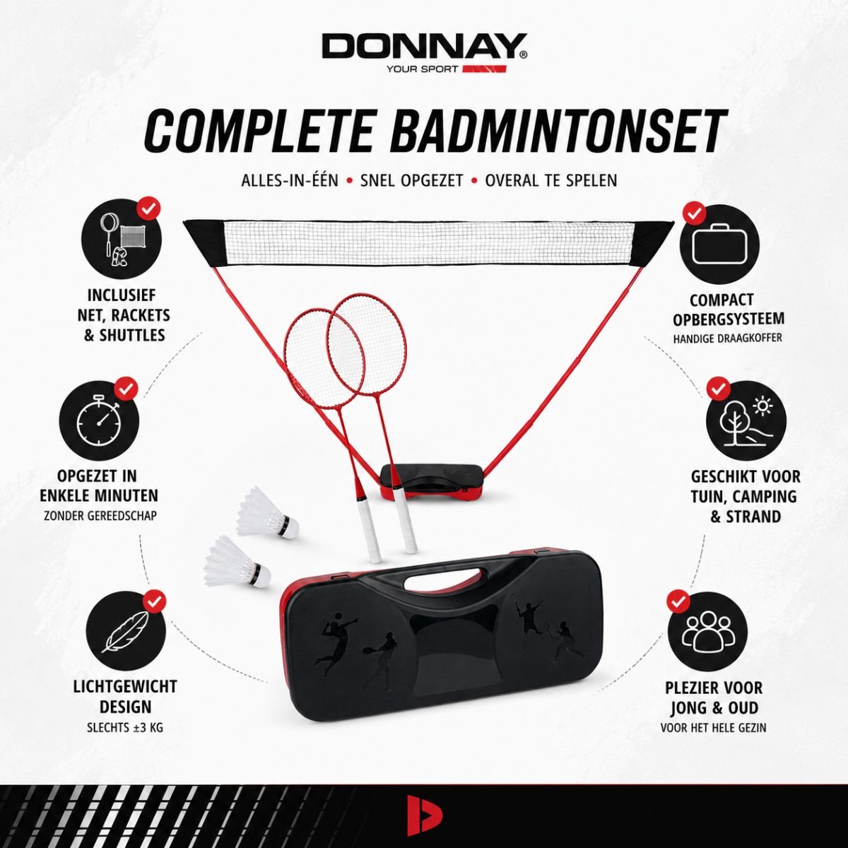 Donnay Badmintonset - Badminton Complete Set Voor 2 Personen - Inclusief Badminton Shuttles, Badmintonrackets en Badmintonnet - Met Handige Badmintontas - Badminton Racket in Zwart/Rood — afbeelding 2