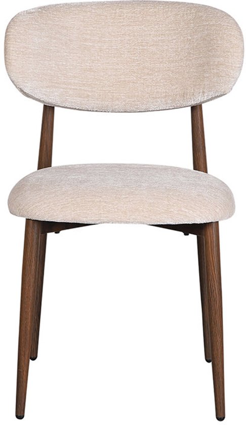 Vue latérale d'une chaise beige avec un dossier incurvé et des pieds en bois.