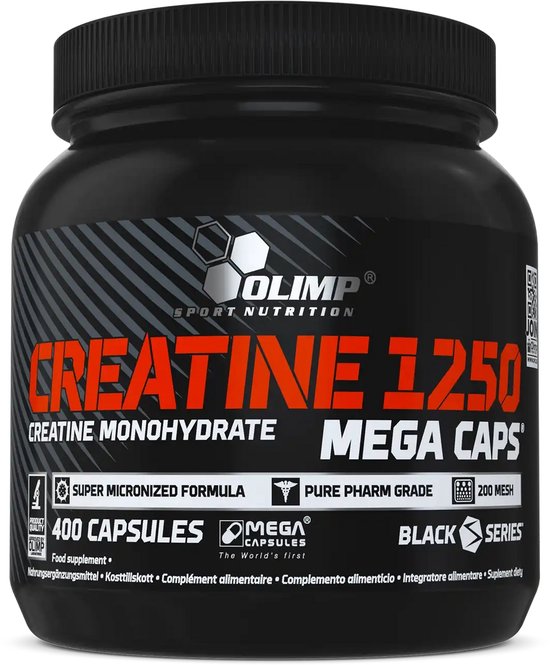 Zwarte pot met Olimp Creatine 1250 Mega Caps, 400 capsules. Met oranje tekst.
