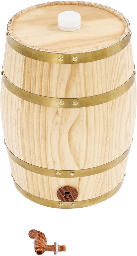 Houten vat met gouden banden, witte dop, en losse tapkraan.