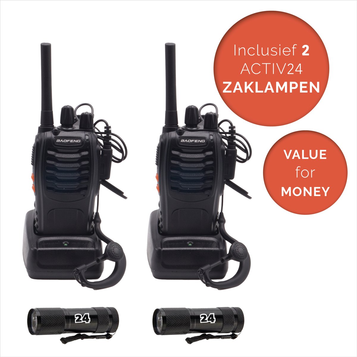 Activ24™ - Walkietalkie - Set van 2x Baofeng BF-88E PMR portofoons - Met headsets en 2x Activ24™ zaklampen - Vergunningsvrij - Walkie Talkie - BF88E portofoon